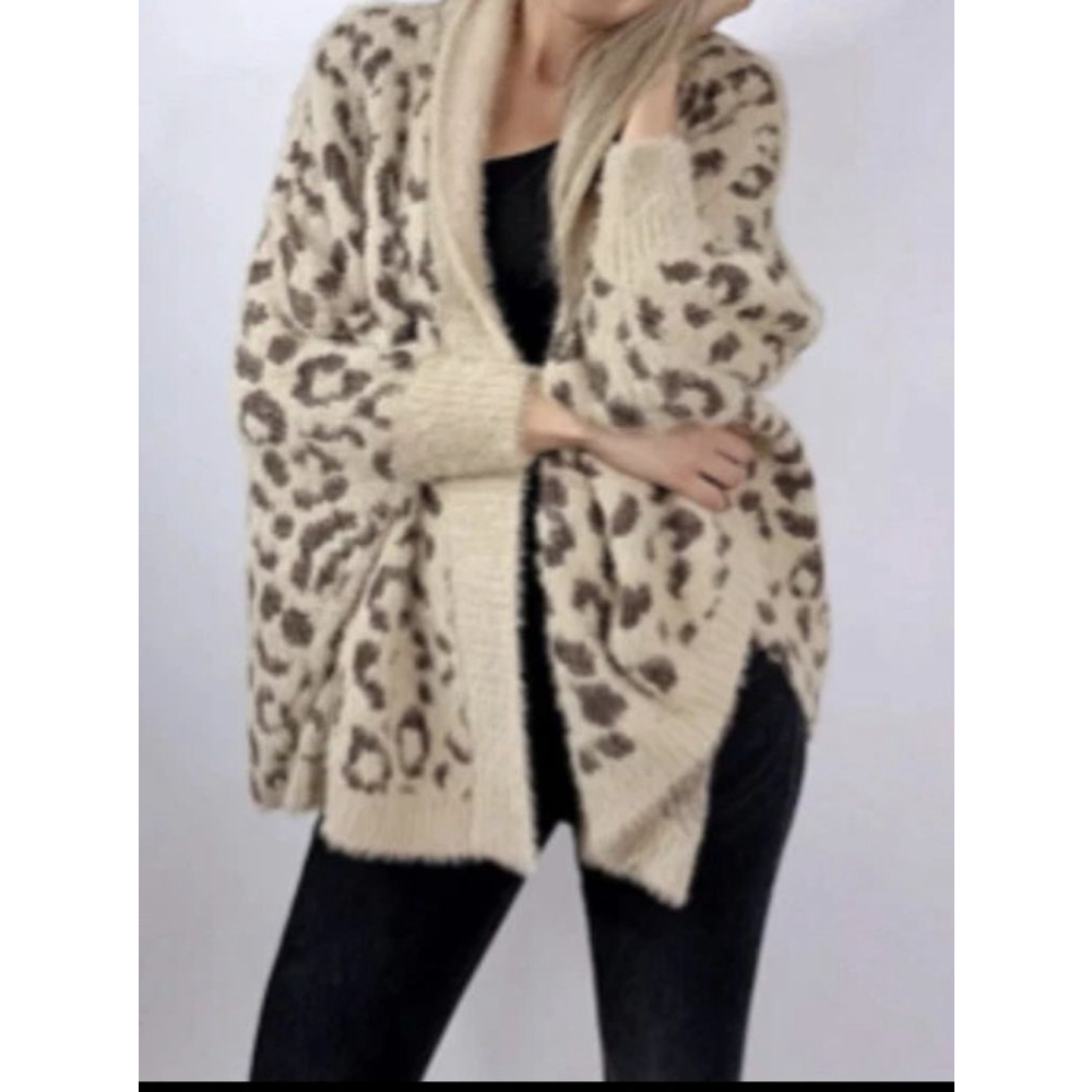 Women's HEIMISH Beige Brown Leopard Print Wrap Cardigan M/L